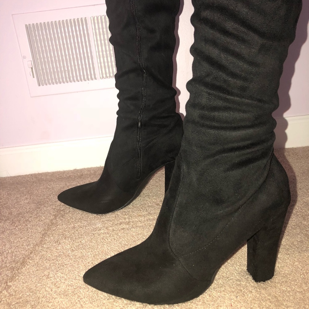 Knee high black suede boots
